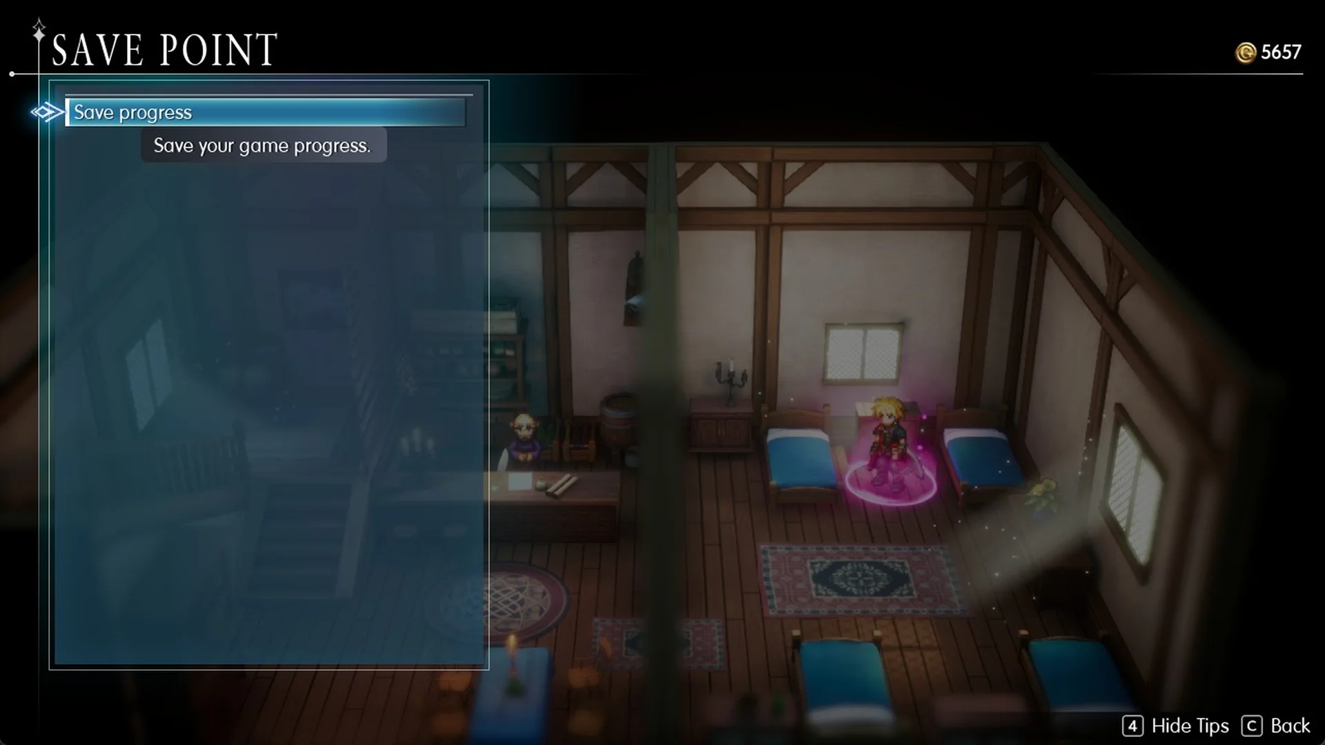 Save Point menu inside the Amore inn: Save progress