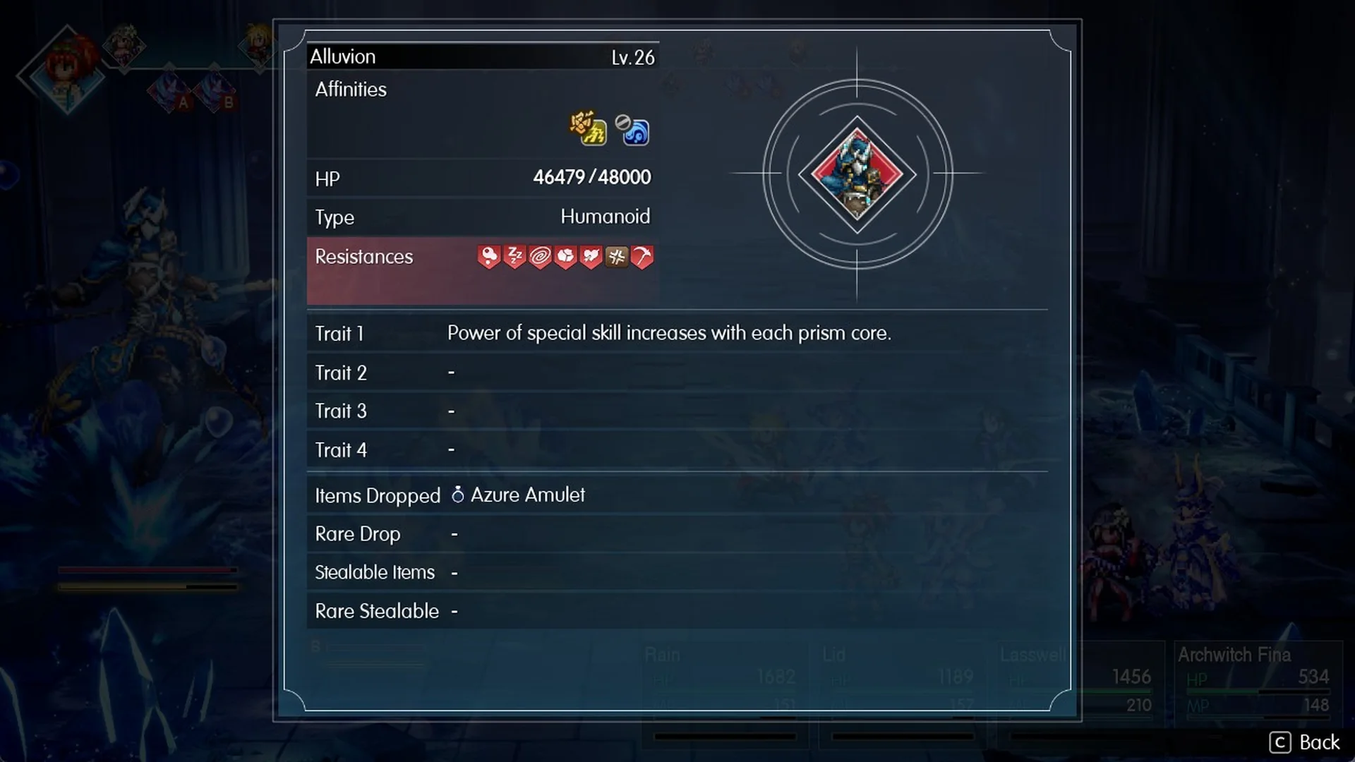 Libra on Alluvion: Lv 26, HP 48000, Humanoid, Items Dropped Azure Amulet