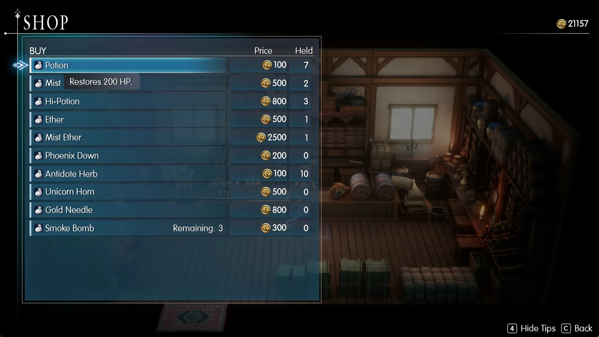 Amore item shop buy list from Potion to Smoke Bomb with prices