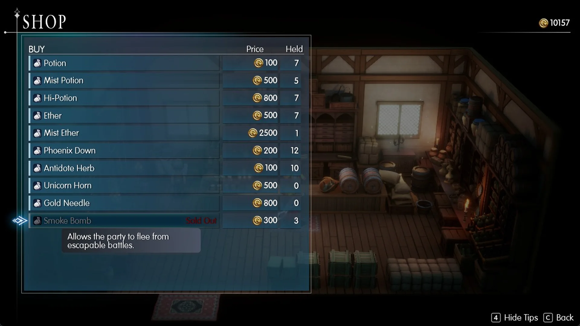 Smoke Bomb row reading Sold Out in the Amore item shop