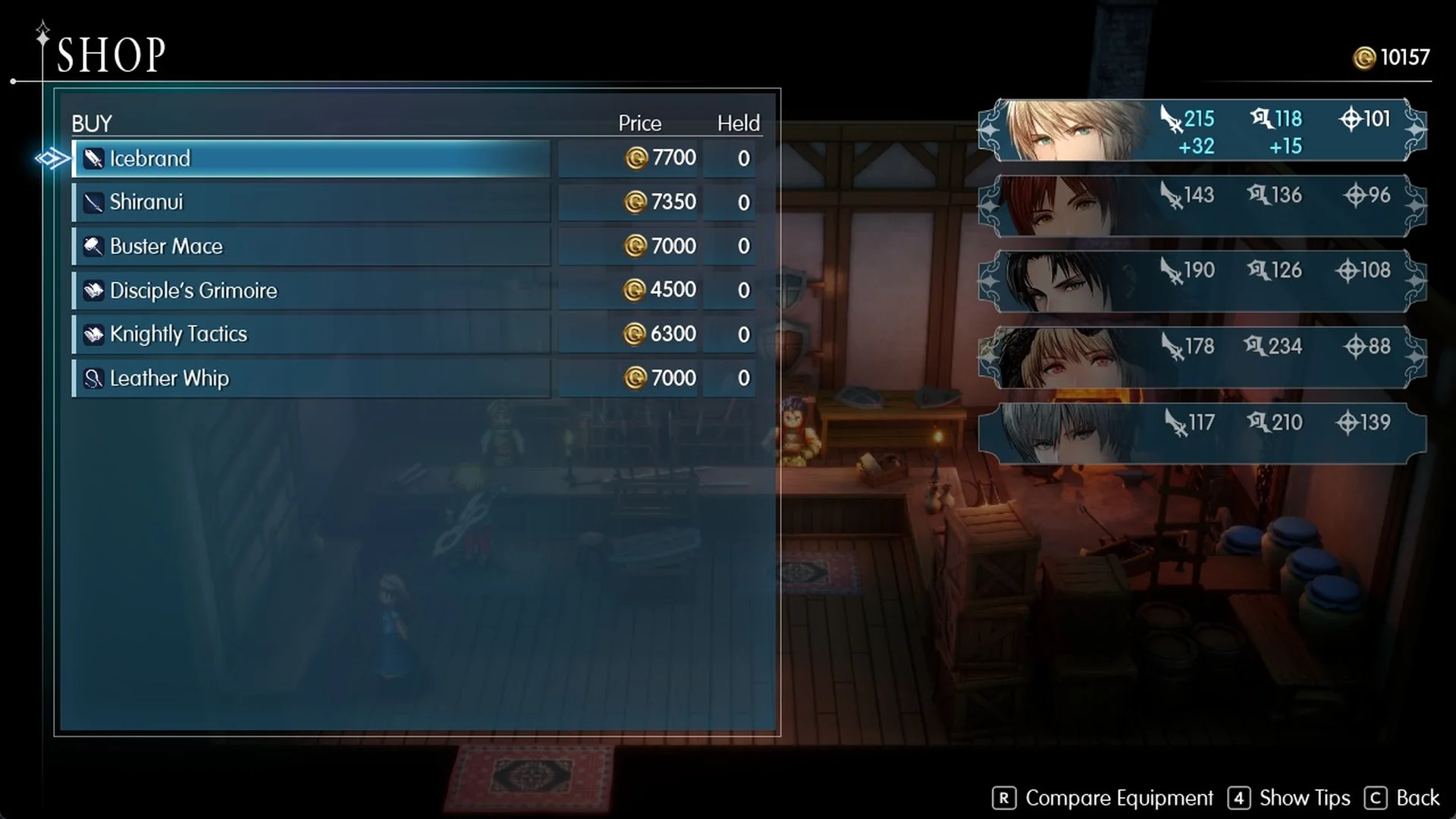 Amore weapon shop list: Icebrand, Shiranui, Buster Mace, Disciple's Grimoire, Knightly Tactics, Leather Whip