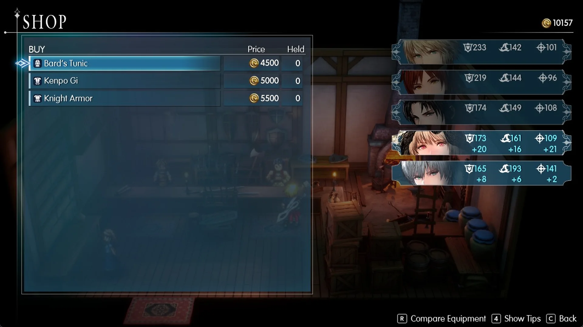 Amore armor shop list with the Bard's Tunic selected and Archwitch Fina's gains