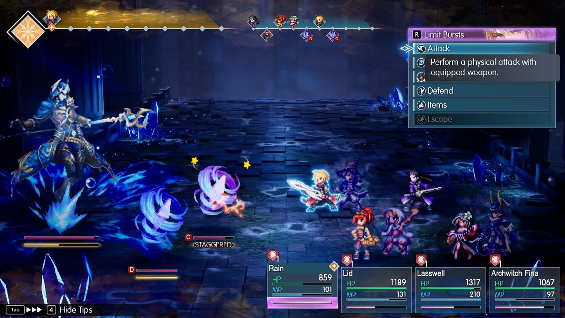 Alluvion staggered with the Limit Bursts menu open in the Bonus Phase
