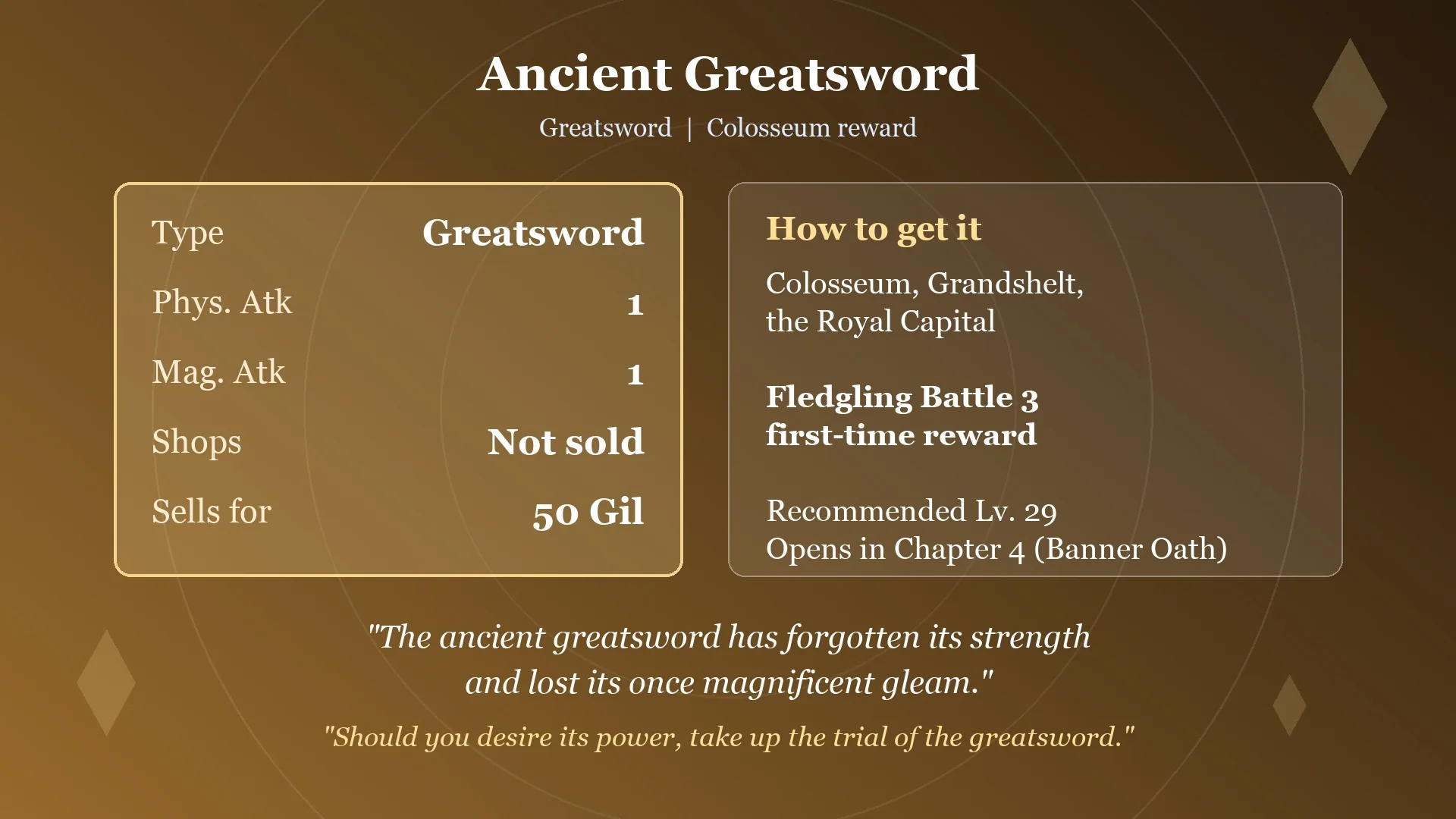 Card with the Ancient Greatsword stats in Final Fantasy Resonance: Greatsword, 1 Phys. Atk, 1 Mag. Atk, not sold, sells for 50 Gil, from Colosseum Fledgling Battle 3