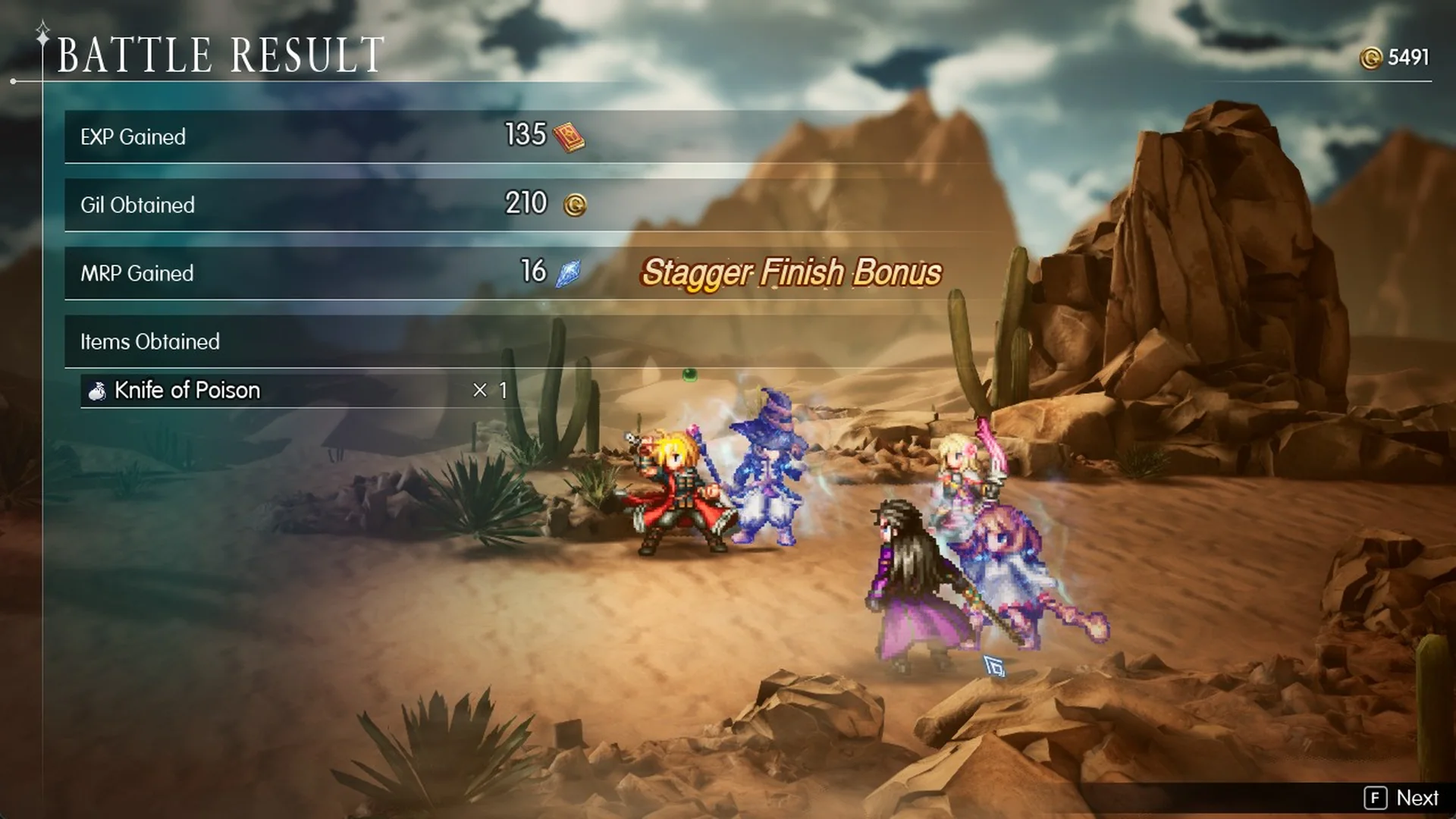 Battle Result after a Crawler and two Scorpions: 135 EXP, 210 Gil, 16 MRP and a Knife of Poison