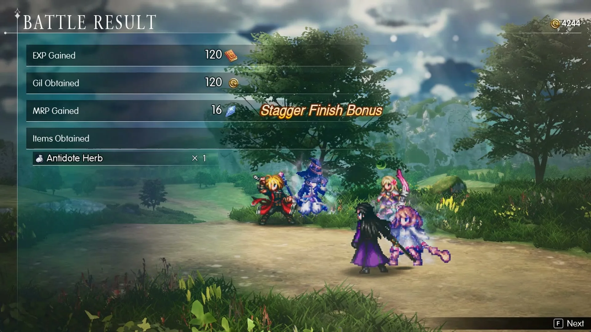 Battle Result after three Poison Toads with 120 EXP, 120 Gil, 16 MRP and an Antidote Herb