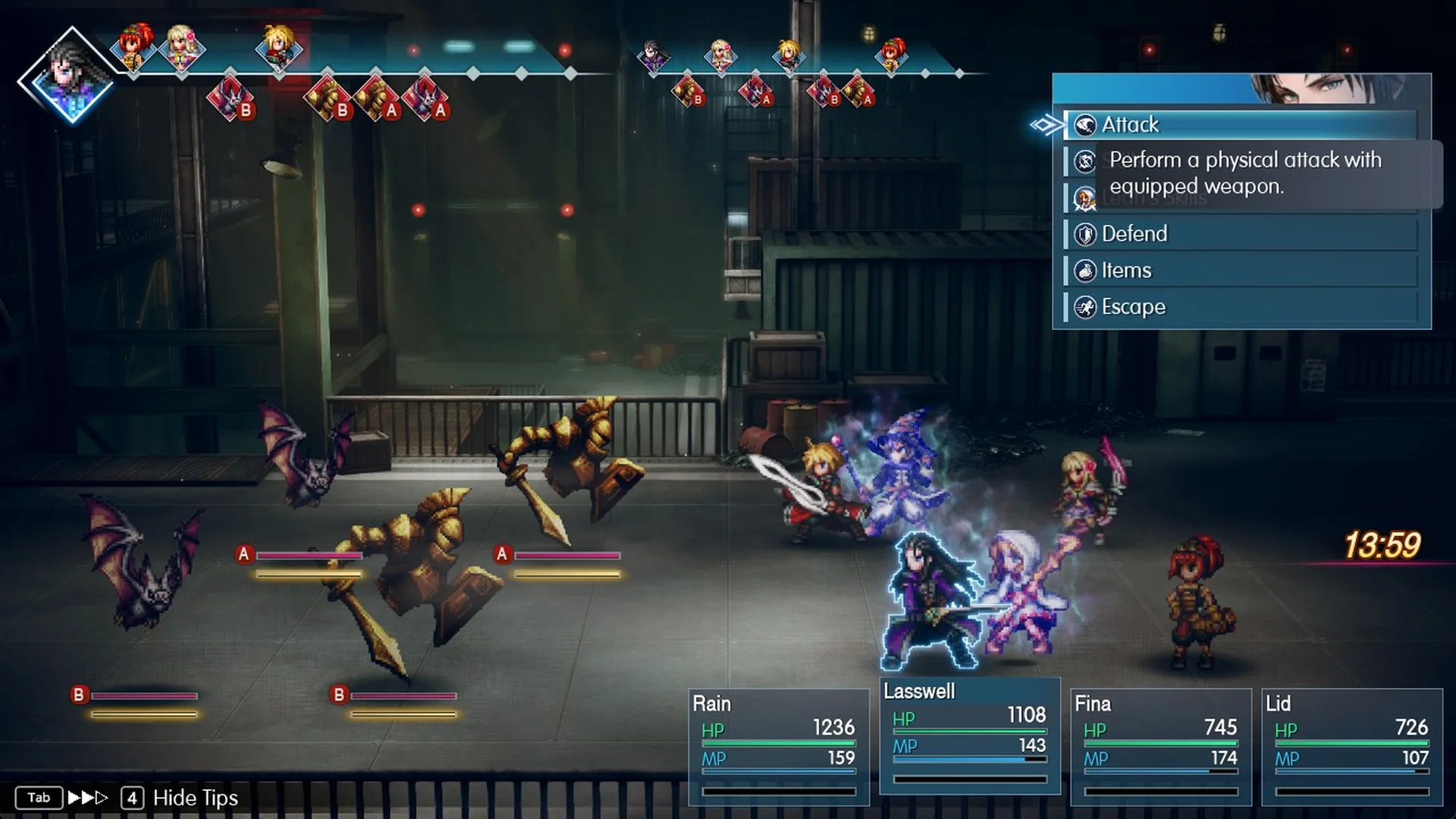 Final Fantasy Resonance battle with Battle Speed at two filled arrows next to the Tab icon