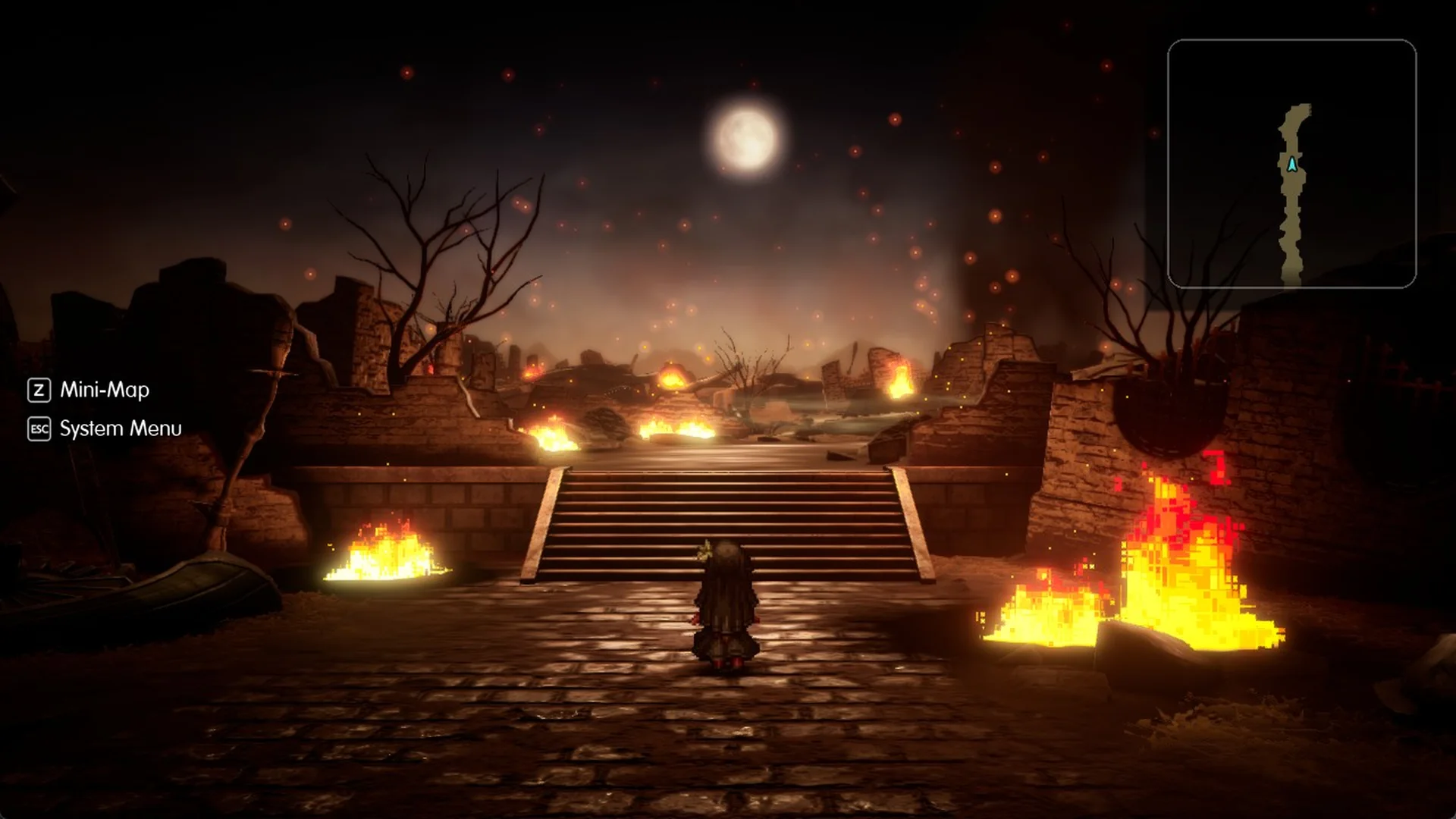 Burning ruins at the top of a stone stairway in Final Fantasy Resonance with all quality settings on Low
