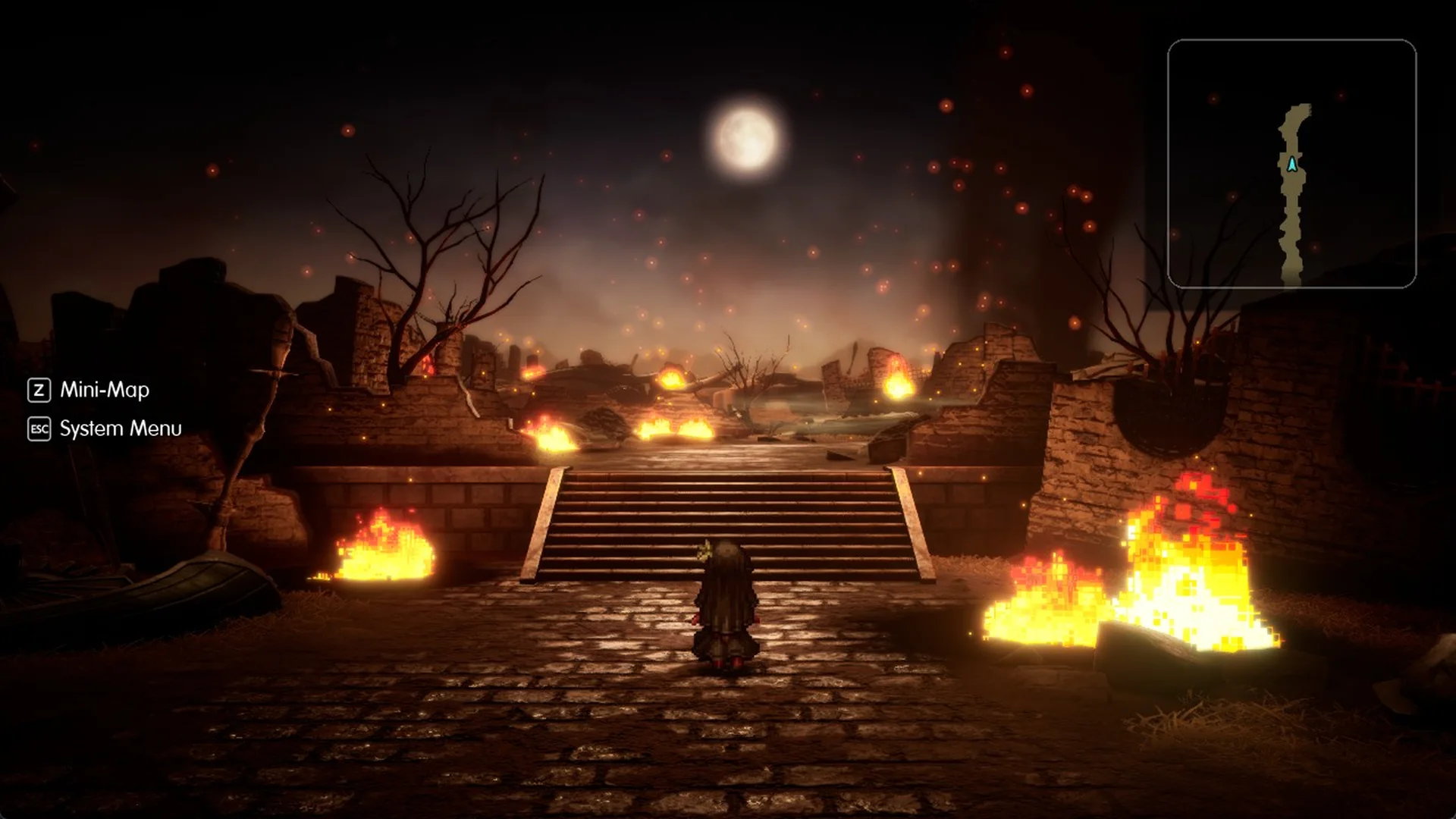 The same burning ruins and stone stairway in Final Fantasy Resonance with all quality settings on Max