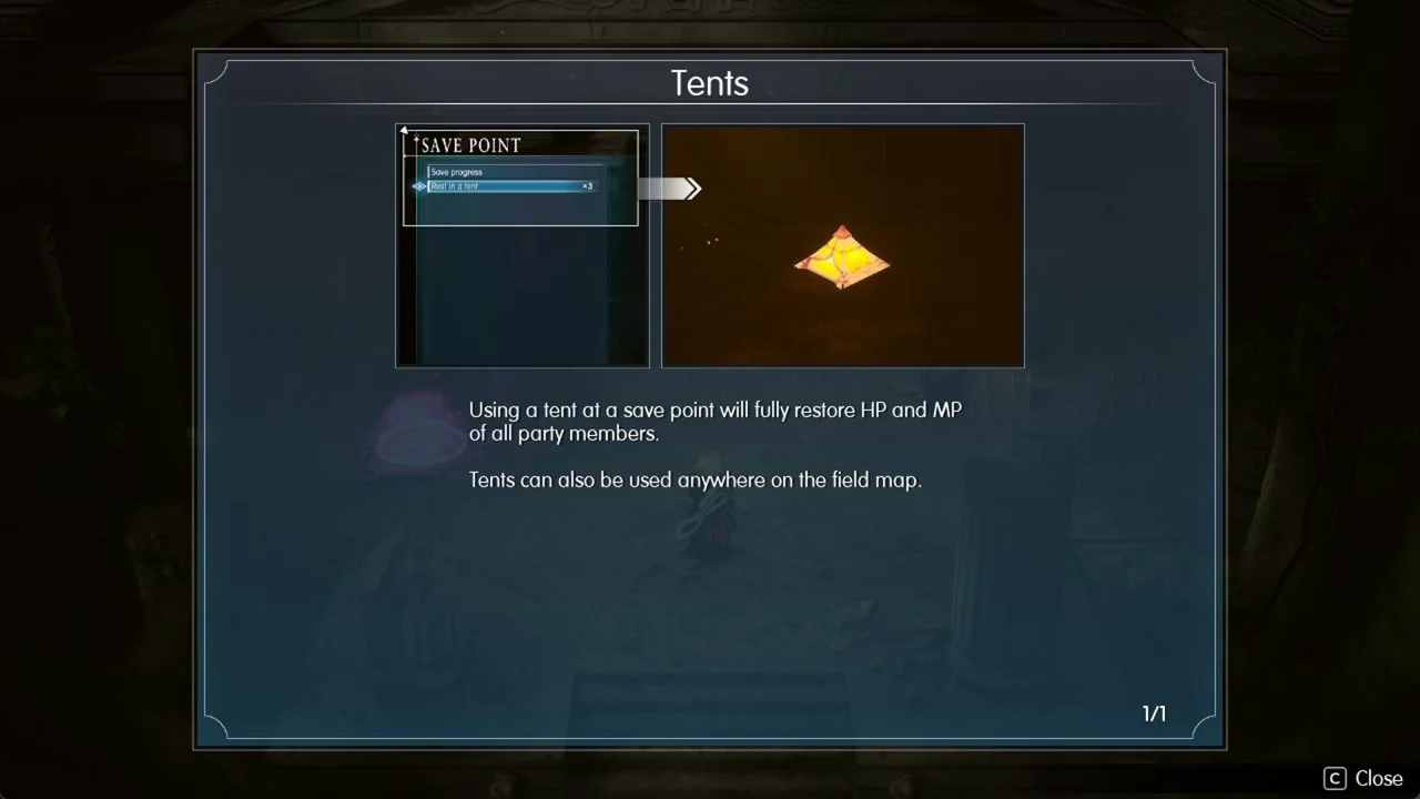 Tents help screen with Rest in a tent highlighted in the Save Point menu