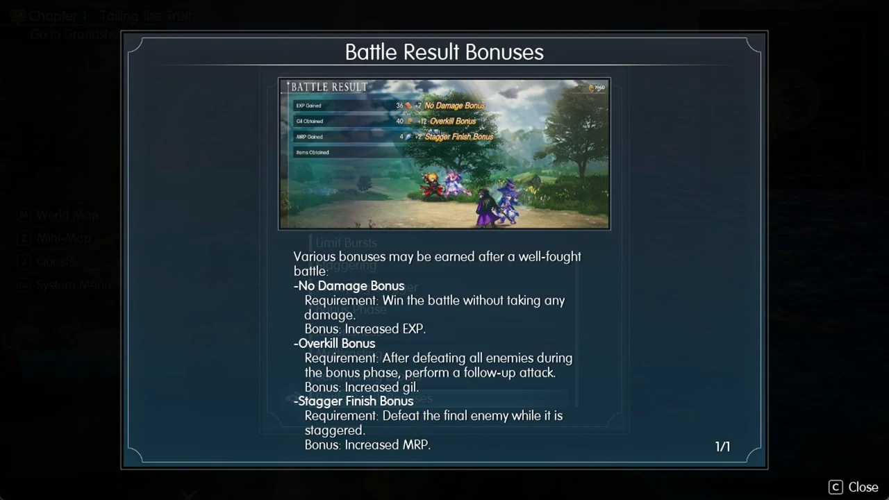 Battle Result Bonuses help page listing No Damage, Overkill and Stagger Finish bonuses