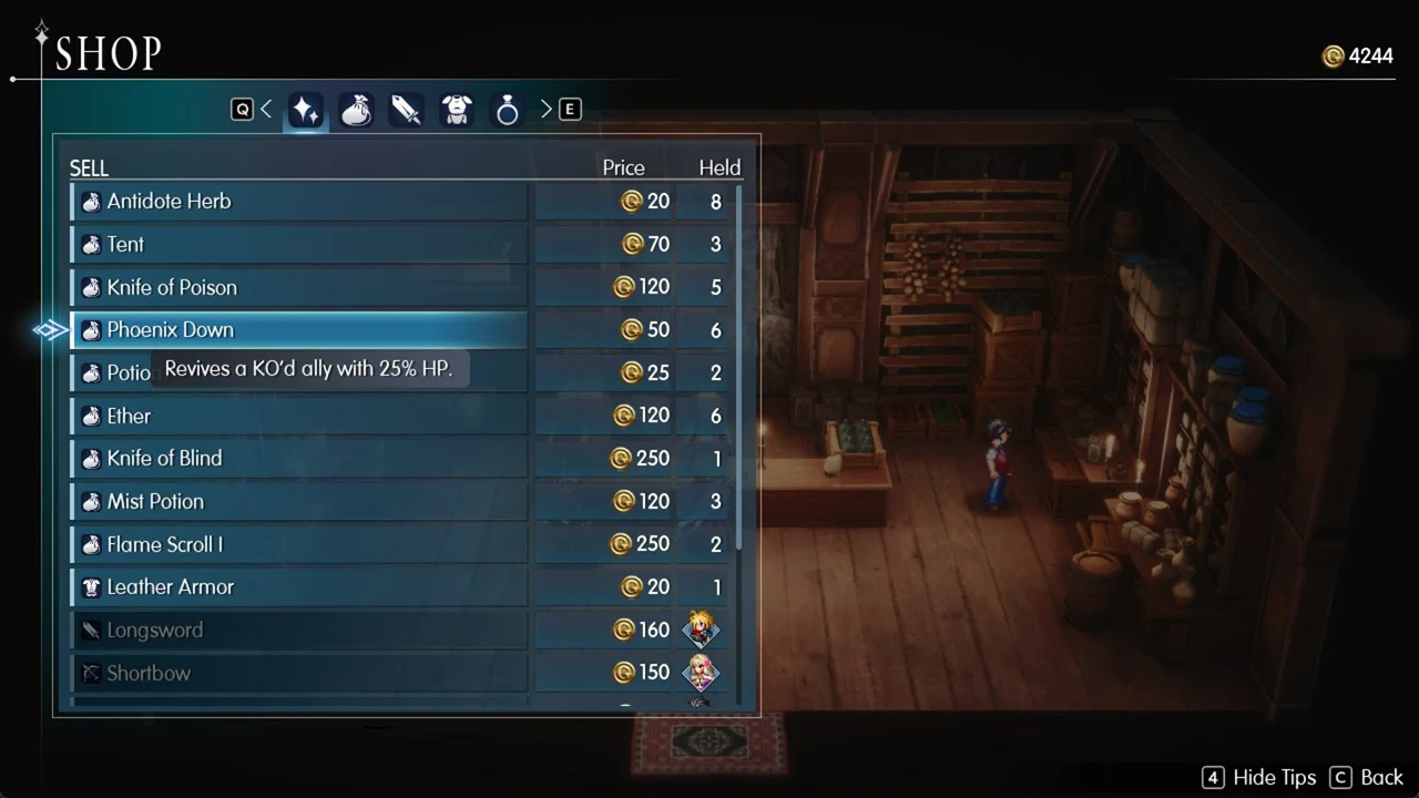 Shop Sell list with Phoenix Down highlighted and its revival effect shown