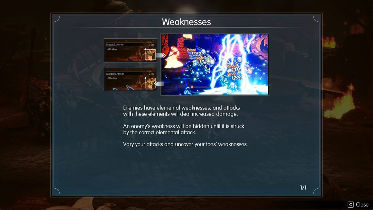 Weaknesses tutorial explaining that elemental attacks reveal enemy weaknesses and deal more damage