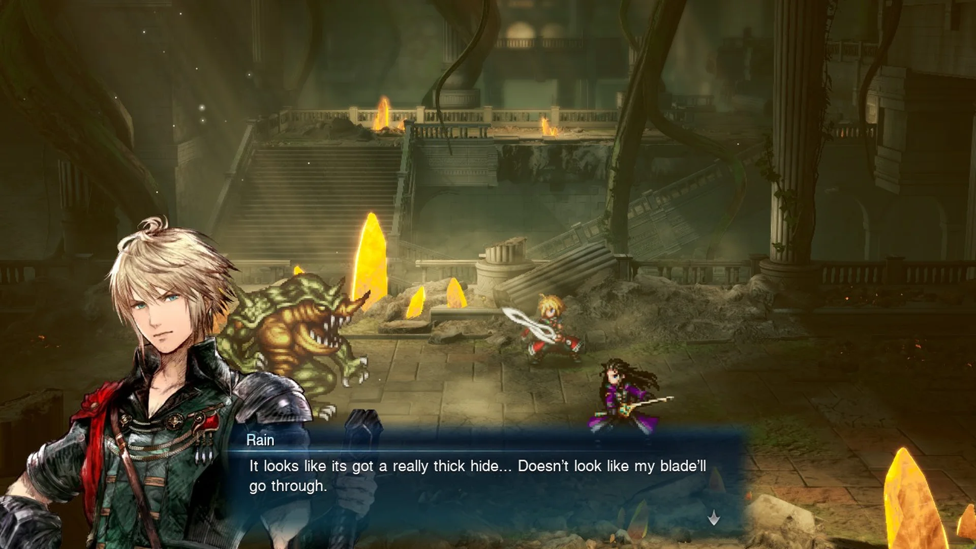 Rain facing Belmodar in the Earth Shrine before the boss fight in Final Fantasy Resonance