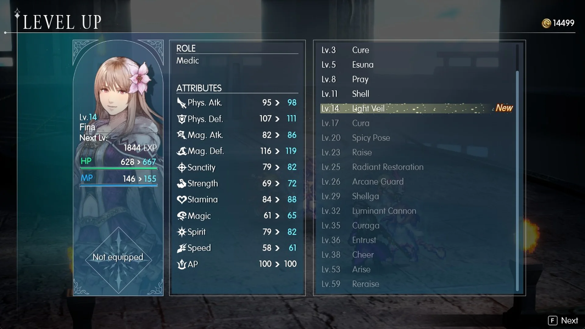 Fina's Level Up screen at level 14 with her Medic skill list from Cure to Reraise