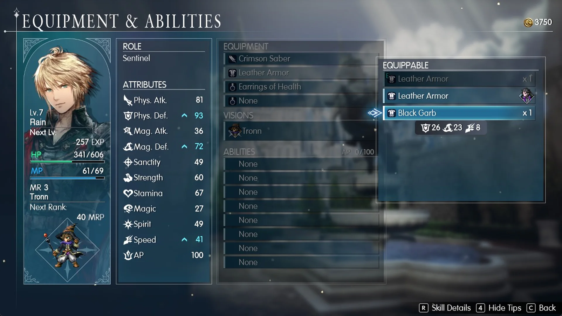 Rain's equipment screen with the Black Garb selected: Phys. Def 26, Mag. Def 23, Speed 8