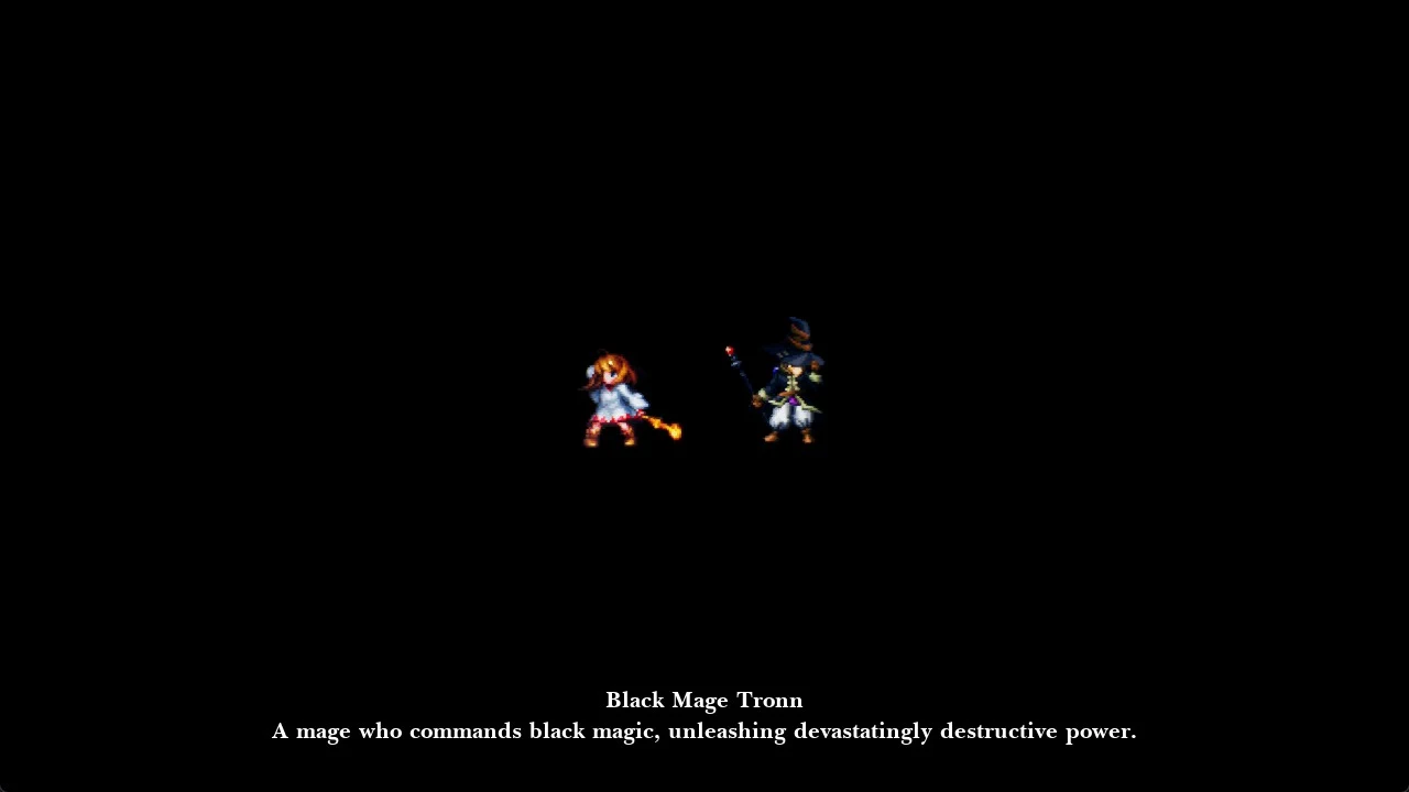 Two small pixel-art mages on a black background, with a caption introducing Black Mage Tronn below them.