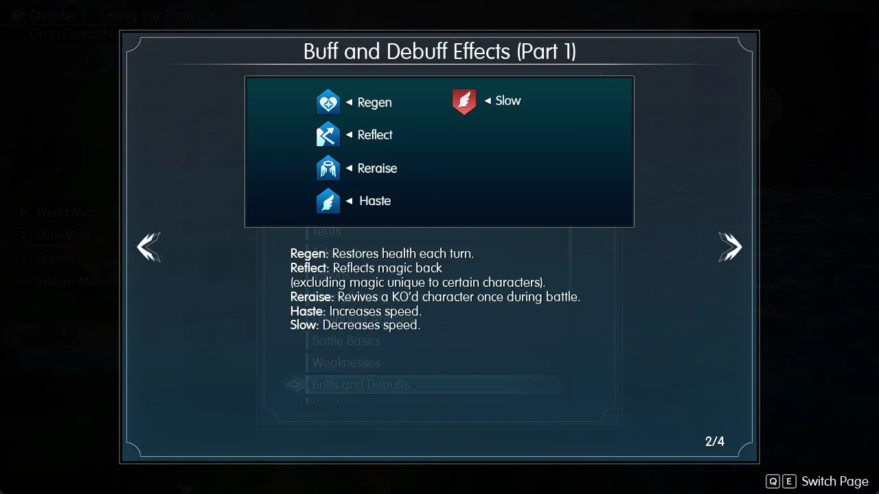Help page Buff and Debuff Effects Part 1 listing Regen, Reflect, Reraise and Haste in blue and Slow in red