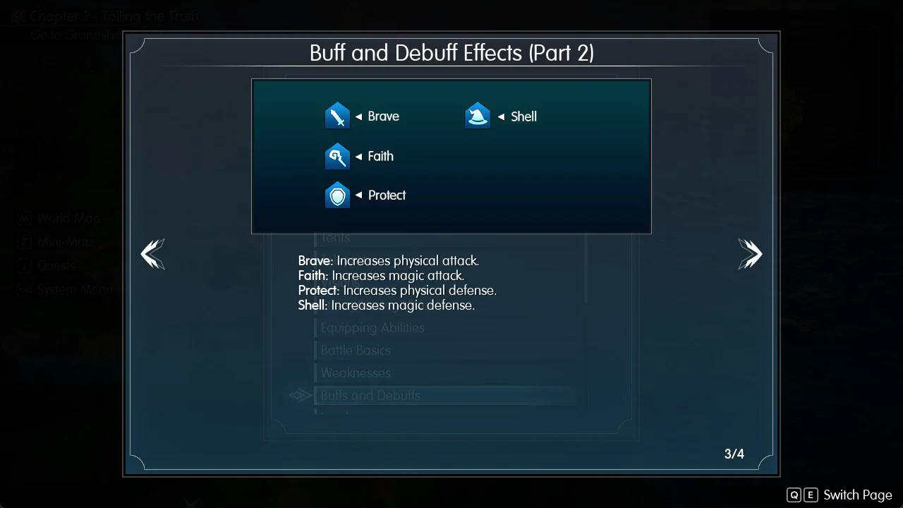 Help page Buff and Debuff Effects Part 2 showing Brave, Faith, Protect and Shell with blue icons