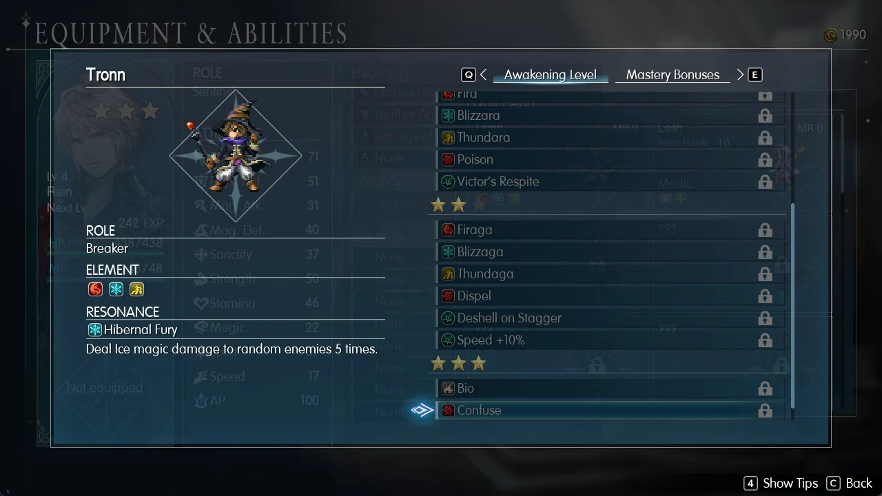Tronn's Awakening Level tab on Equipment & Abilities with Confuse highlighted in the ability list