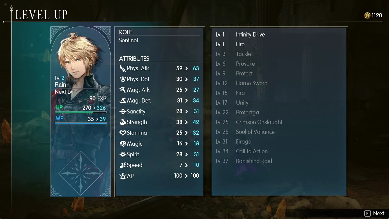 Rain's LEVEL UP screen showing stat gains and the Sentinel skill list with Protect and Protectga