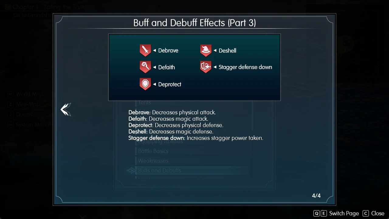 Help page Buff and Debuff Effects Part 3 listing five debuffs with red icons, page 4 of 4