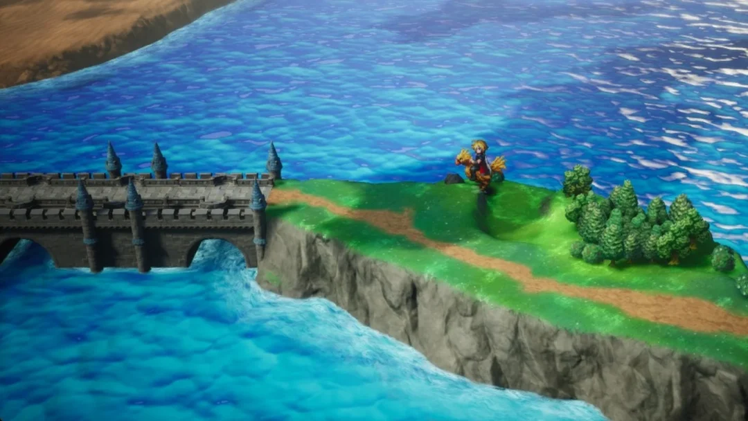 Rain riding a chocobo by a towered stone bridge in Final Fantasy Resonance