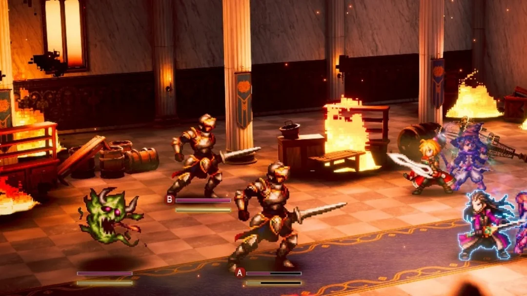 Rain and the party fighting two Wraith Soldiers and a Soul in burning Grandshelt Castle in Final Fantasy Resonance