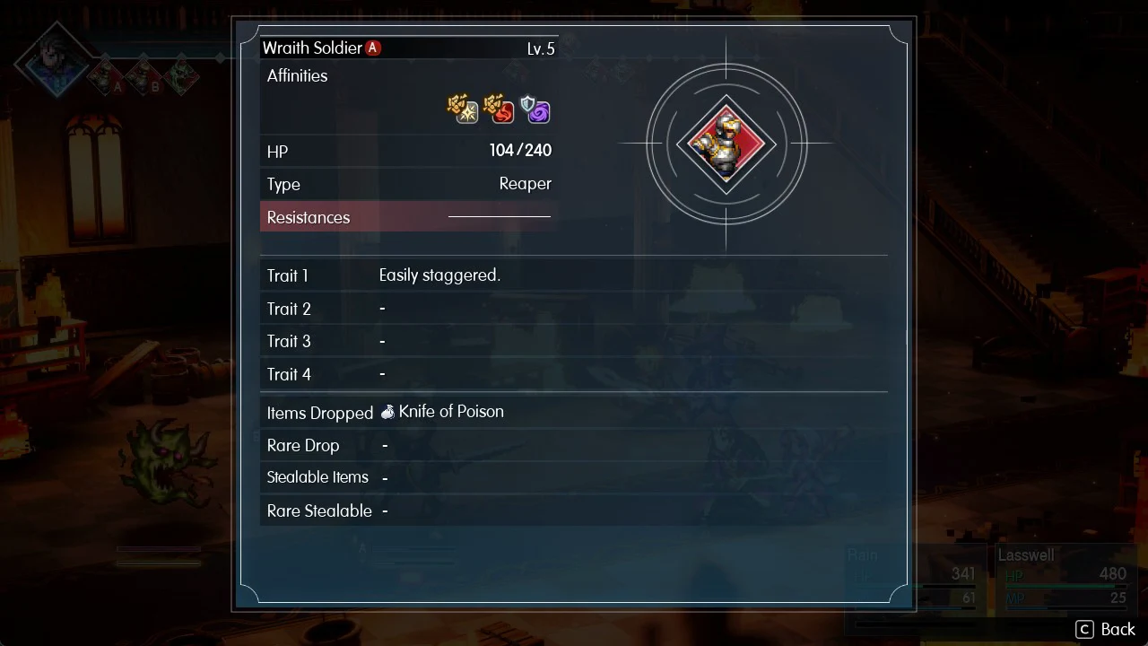 Wraith Soldier Lv. 5 status panel with the Resistances row highlighted, plus its traits and drops