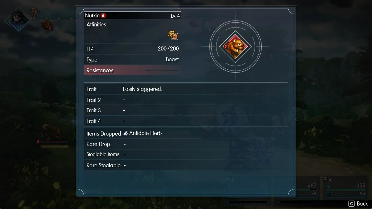 Nutkin info screen with the Resistances row highlighted, showing its stats, trait and drop