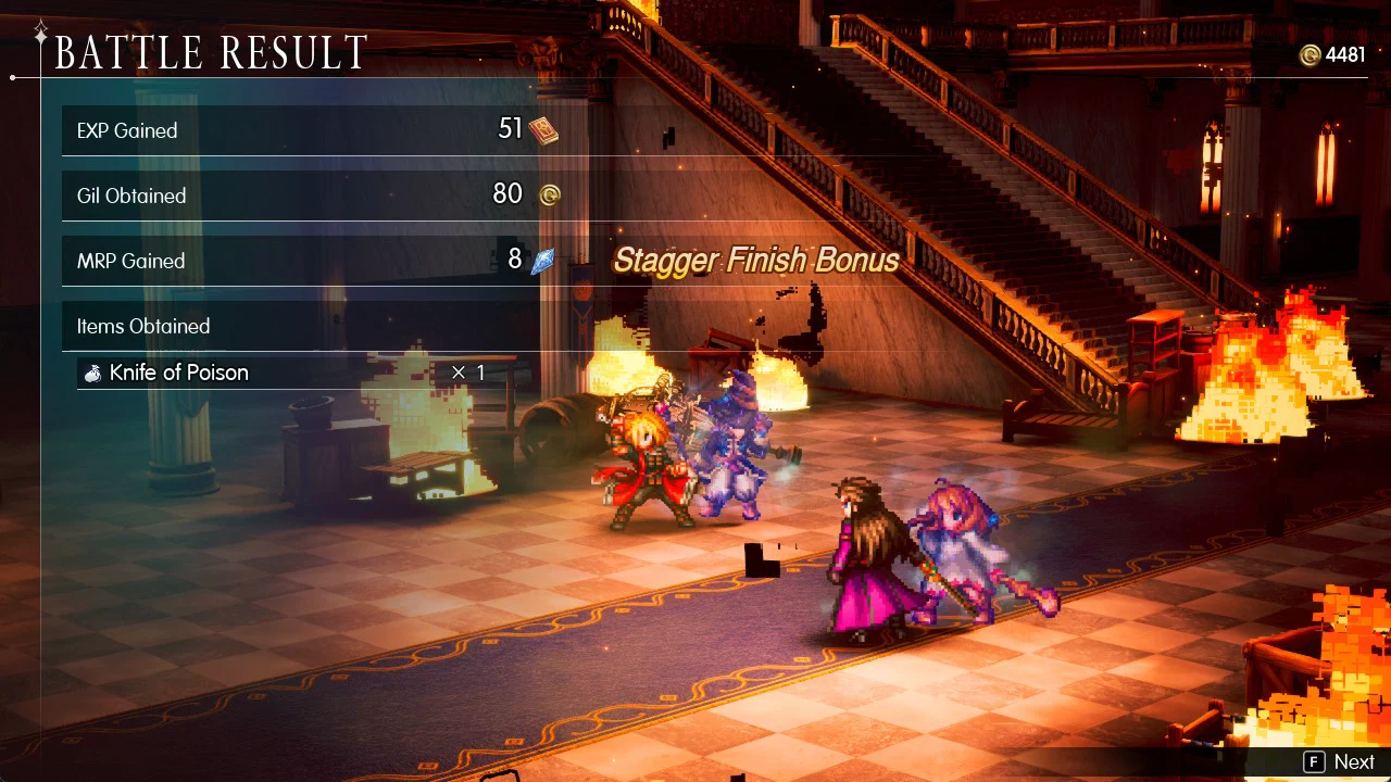 Battle Result screen listing EXP, Gil and MRP earned and a Knife of Poison reward