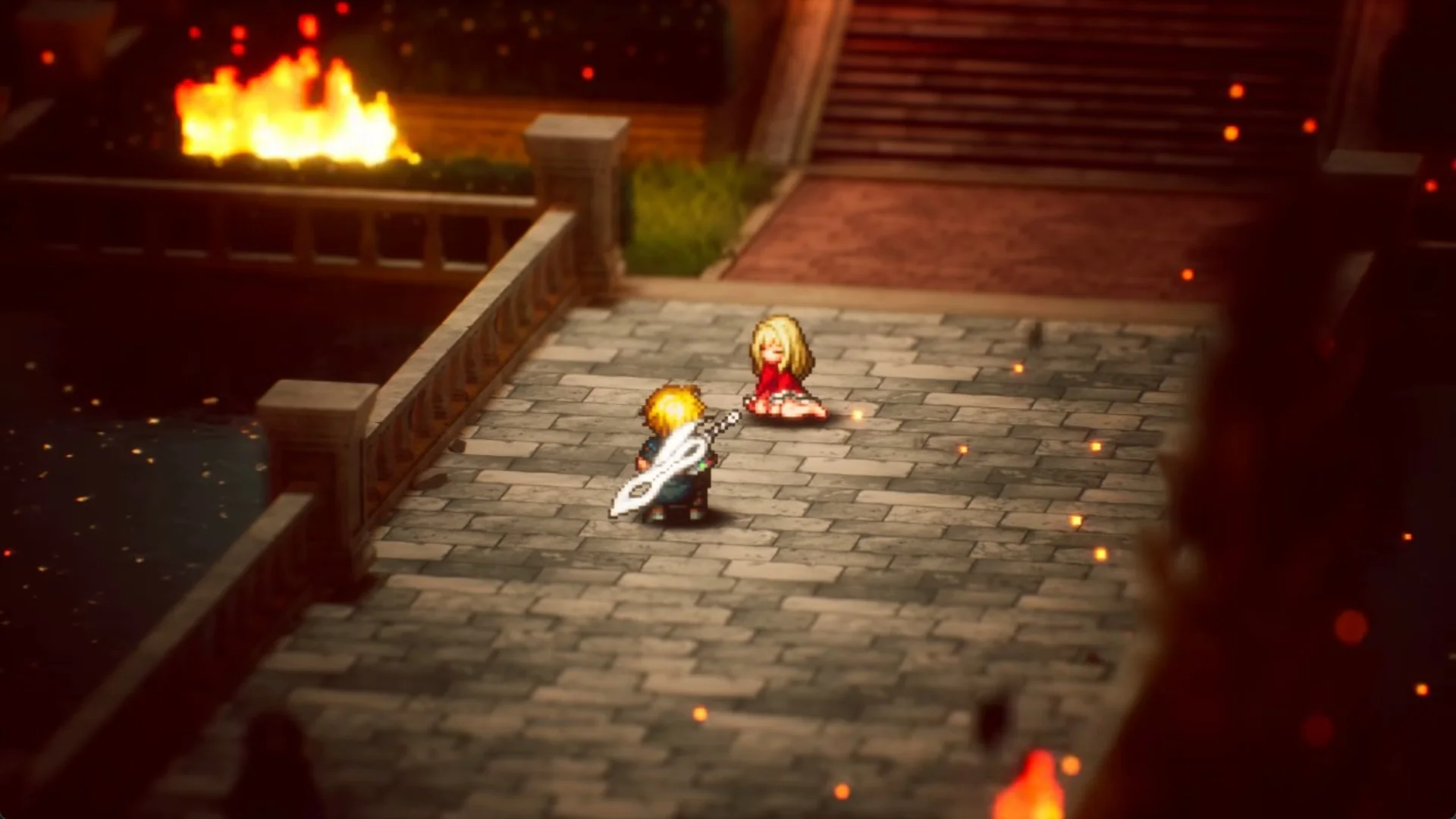 Rain and Fina on a burning castle walkway in Final Fantasy Resonance