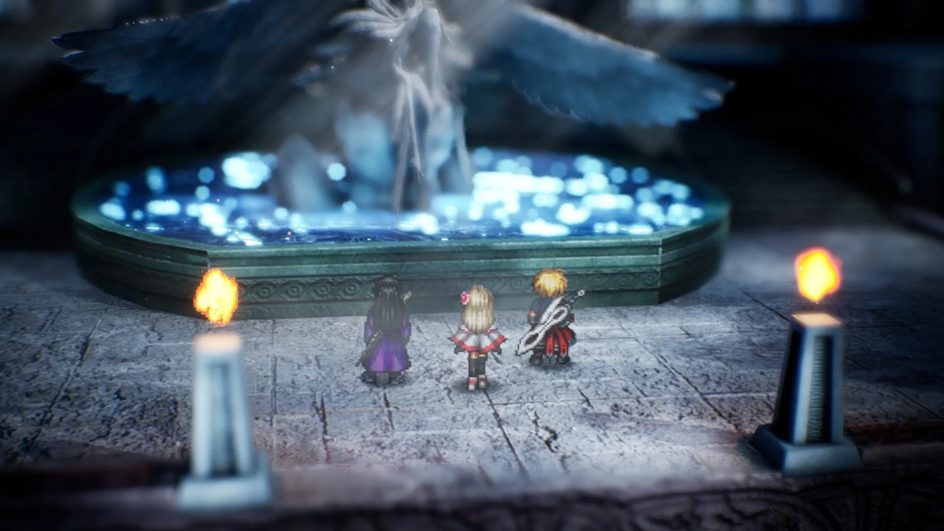 Rain, Fina and Lasswell standing before the Siren statue at the top of Siren's Tower