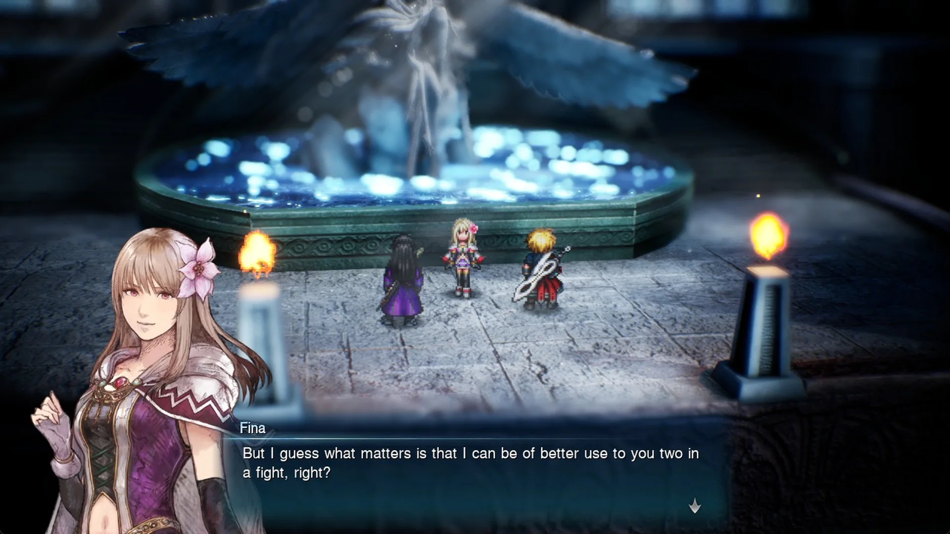 Fina at the top of Siren's Tower asking if she can be of better use in a fight