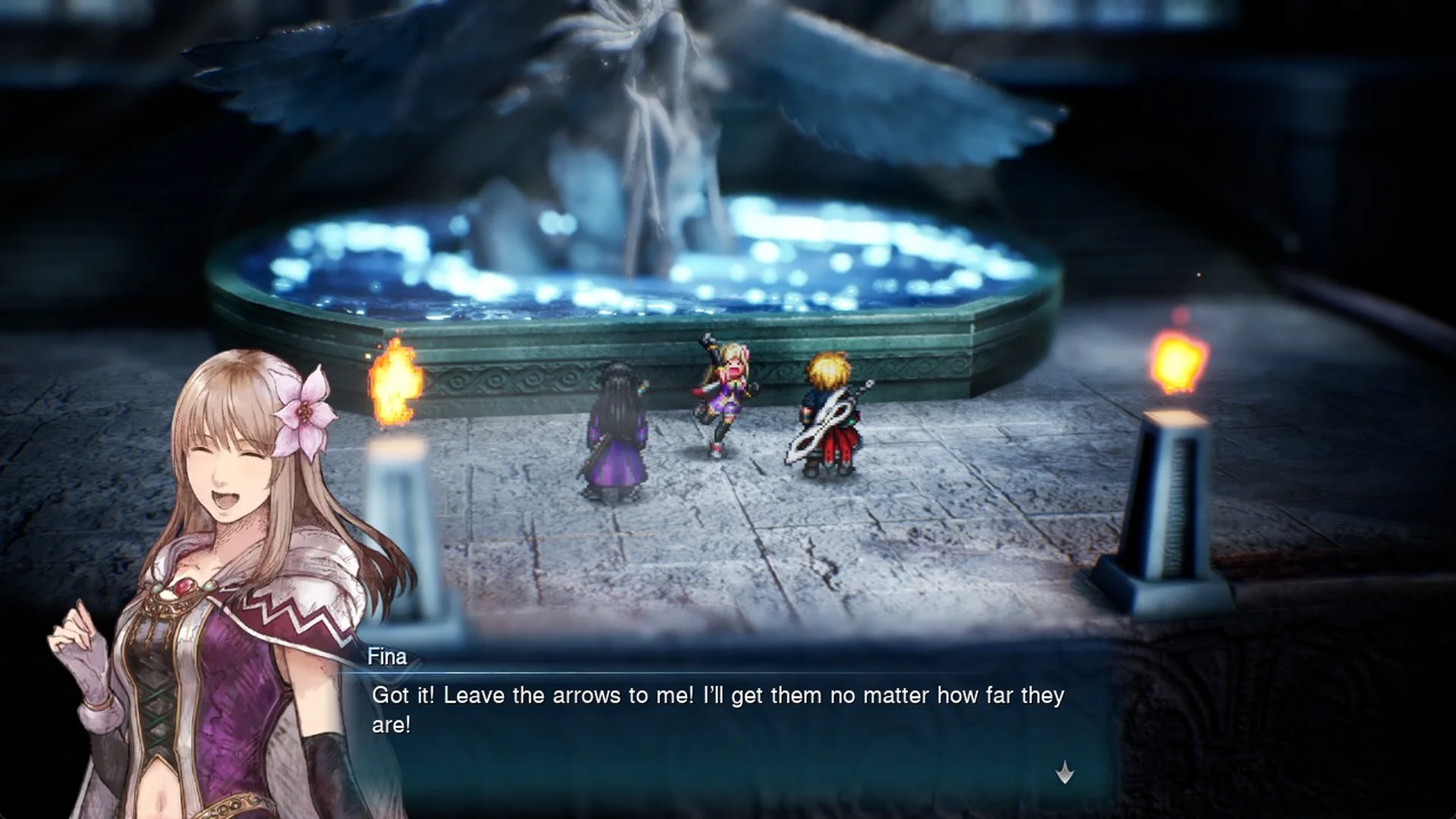 Fina smiling as she replies Leave the arrows to me