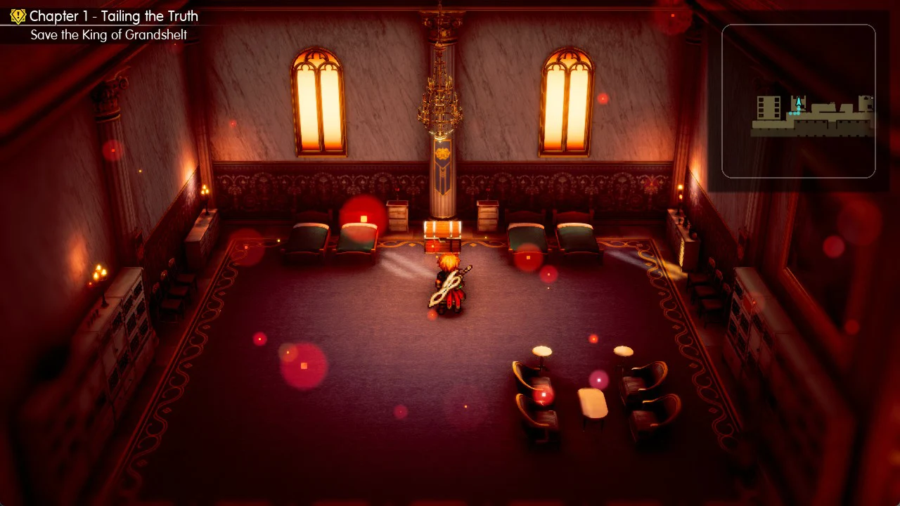 Player beside a chest between beds in a Grandshelt Castle room, Save the King of Grandshelt objective active