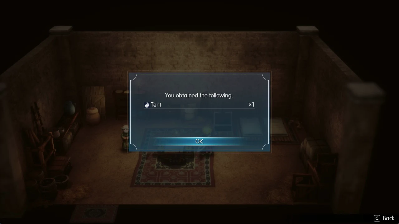 Item pop-up showing one Tent received, with the OK button selected