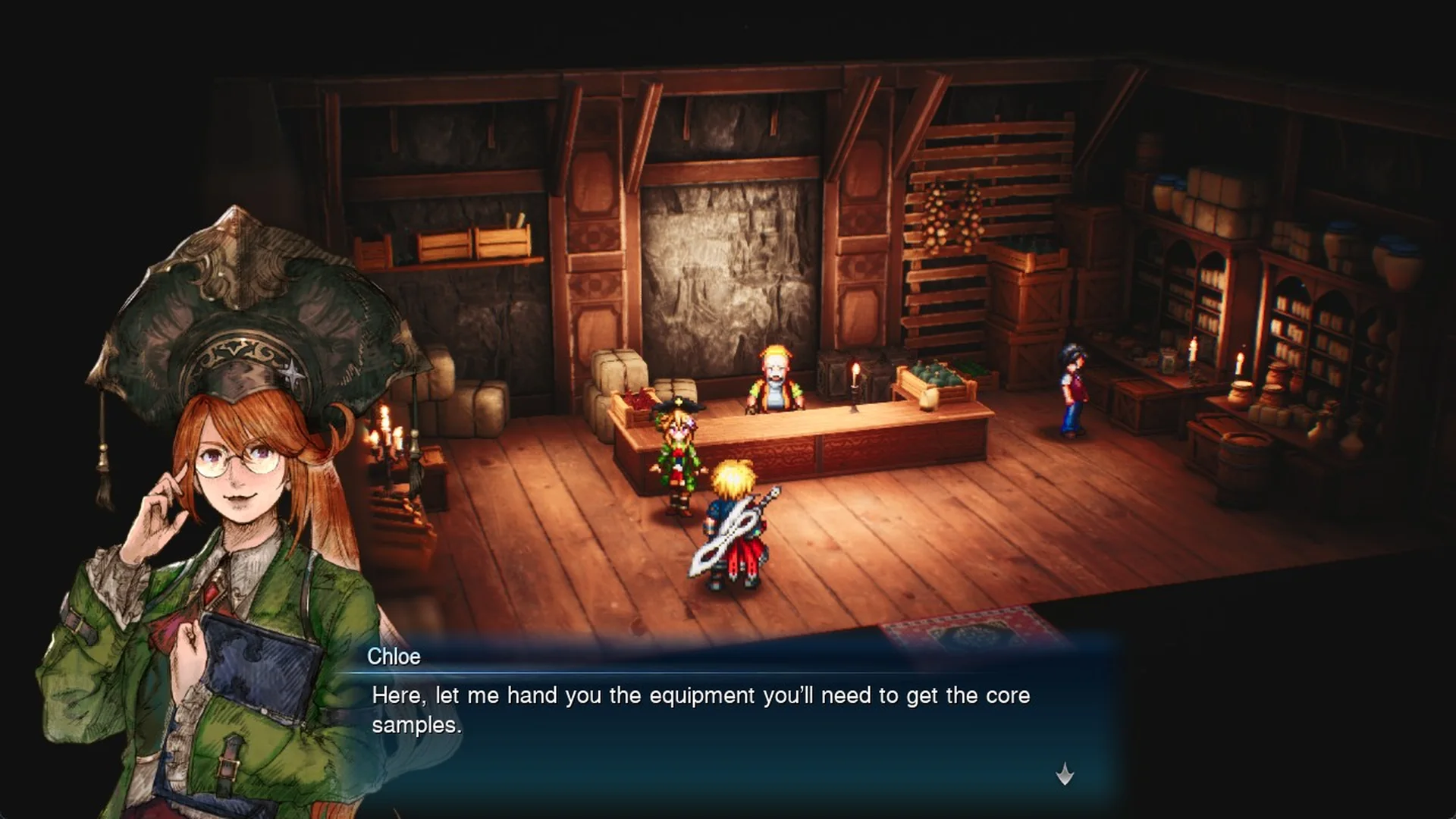 Chloe in the Felicitas item shop asking for core samples from three places