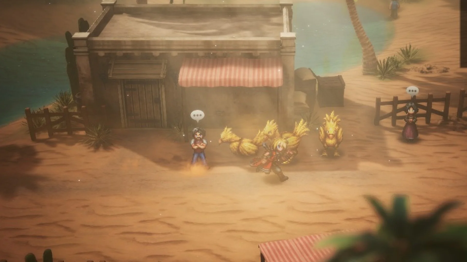 Rain next to the chocobos and the stablehand outside the striped-awning building in the Village of Kol