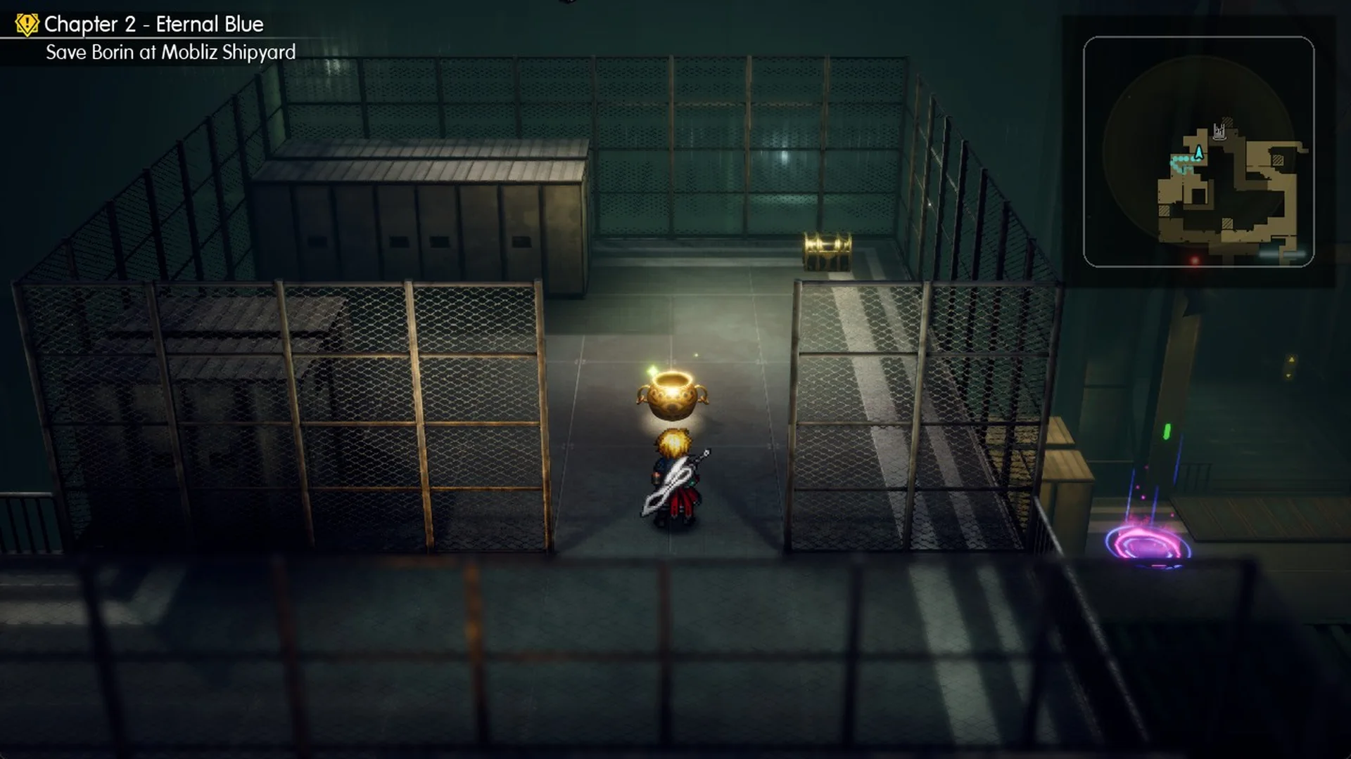 Rain standing before the glowing golden Citrine Pot in a caged room on the Mobliz Shipyard upper floor
