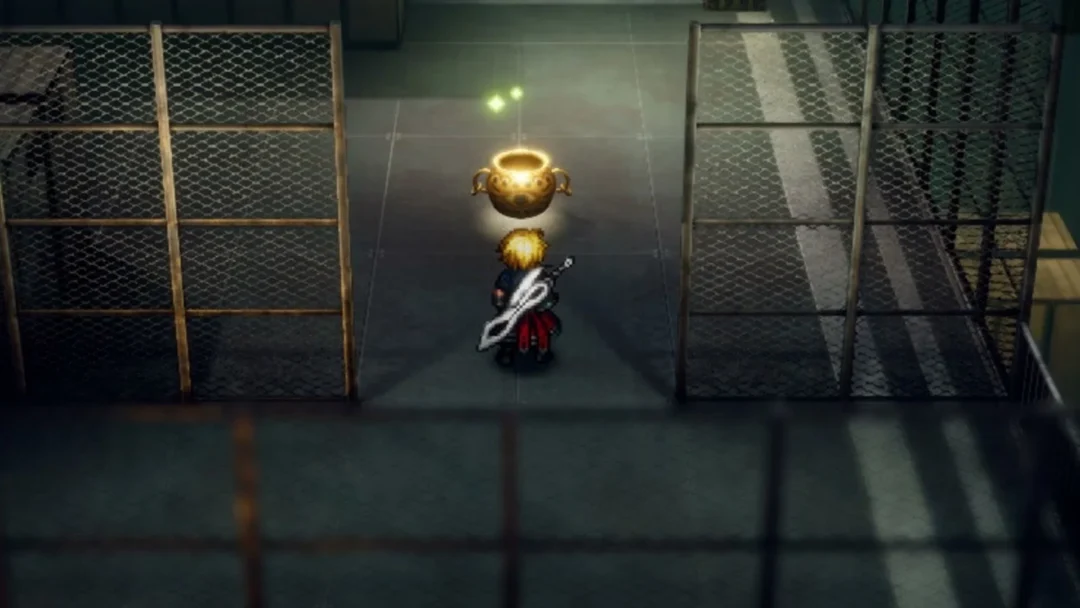 Rain walking up to the golden Citrine Pot in its caged room in Mobliz Shipyard