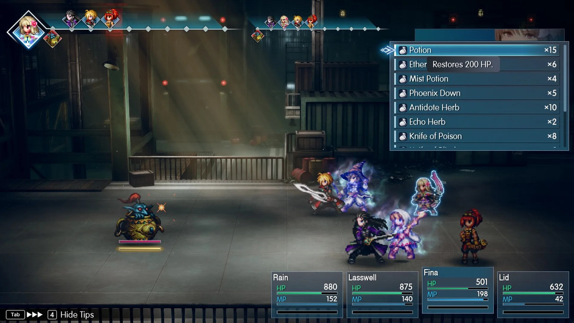 Battle Items list open on Fina's turn with Ether x6 below Potion