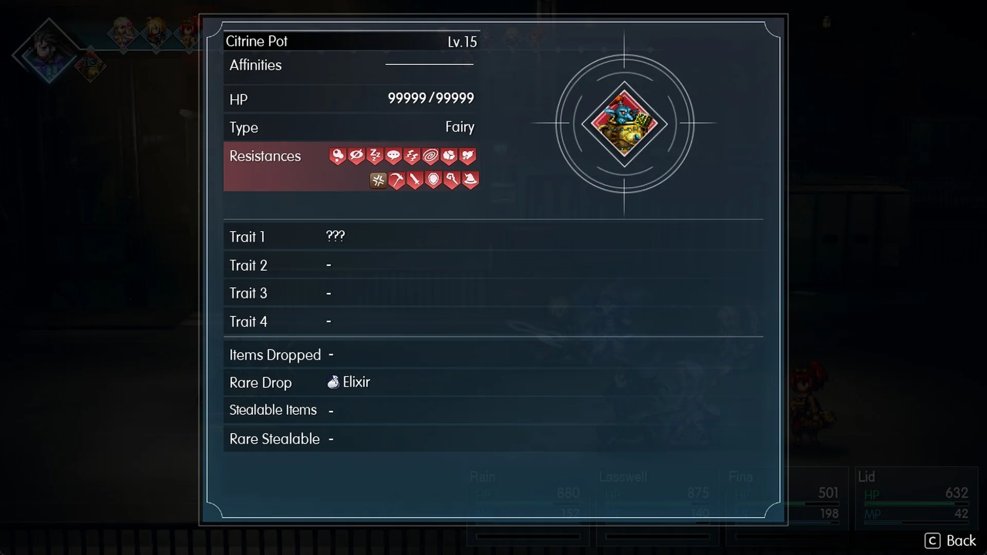 Libra panel for the Lv. 15 Citrine Pot showing 99999 HP, Fairy type, resistances and an Elixir rare drop