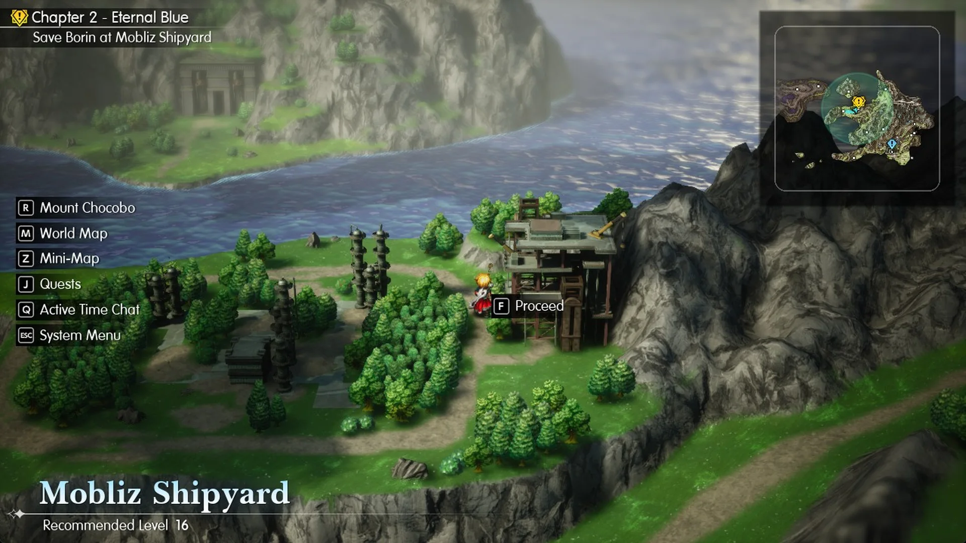 Rain at the Mobliz Shipyard door on the World Map with the Proceed prompt and Recommended Level 16
