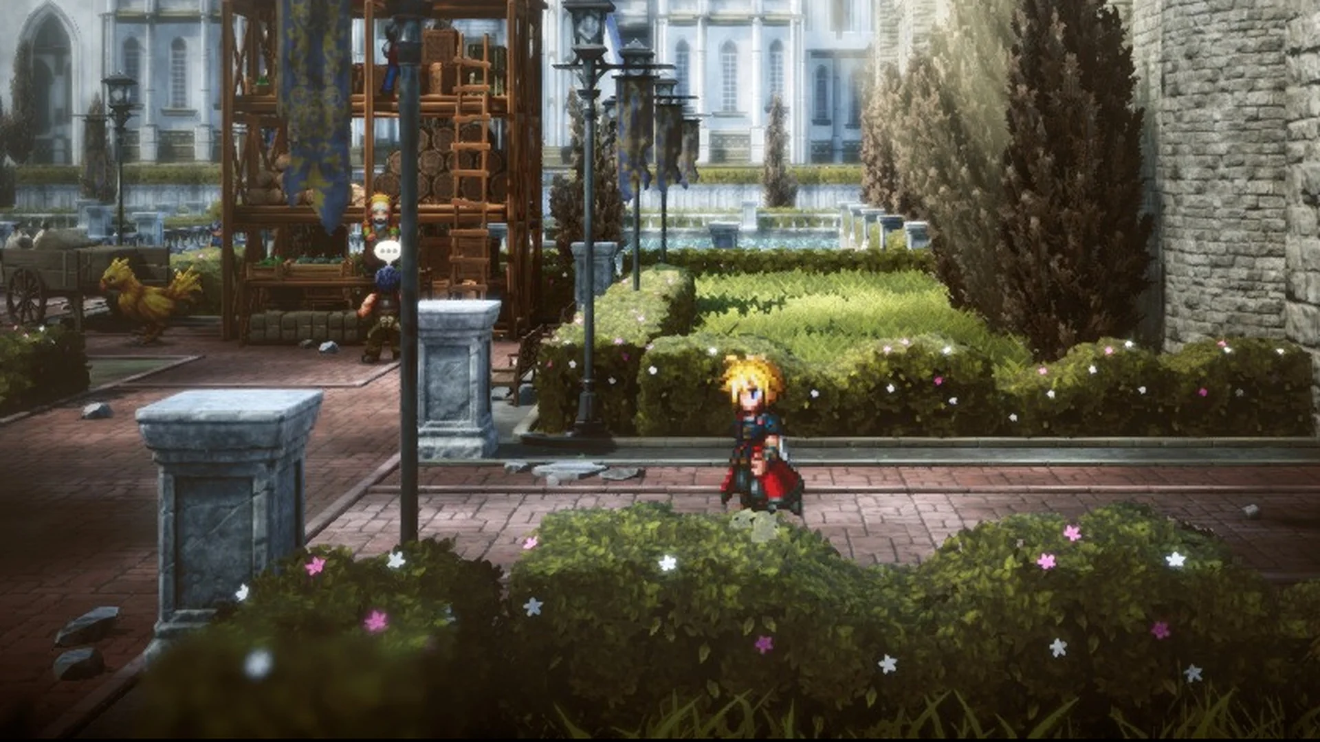 Rain in a garden square of Grandshelt, the Royal Capital in Final Fantasy Resonance