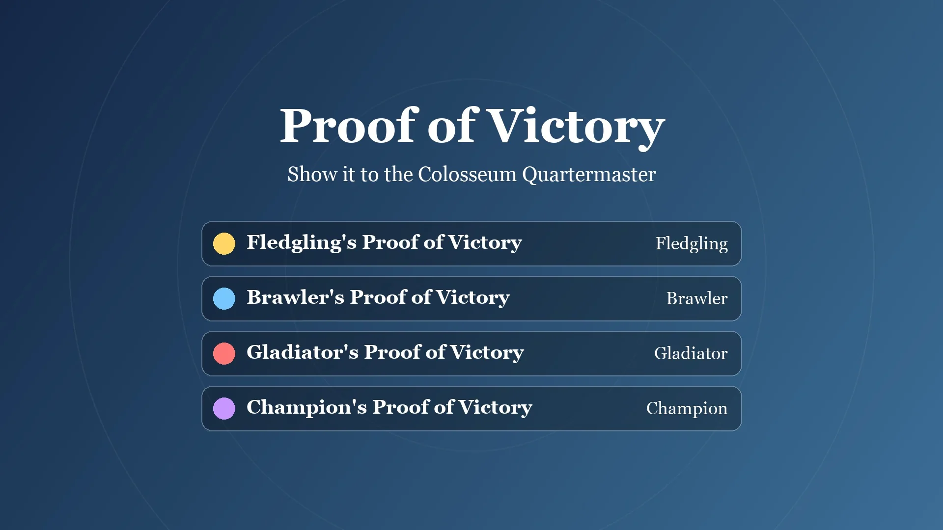 Card listing the four Proof of Victory certificates from the Final Fantasy Resonance Colosseum