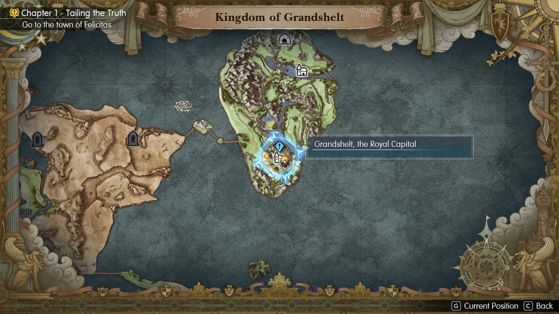 Kingdom of Grandshelt map in Final Fantasy Resonance with the cursor on Grandshelt, the Royal Capital