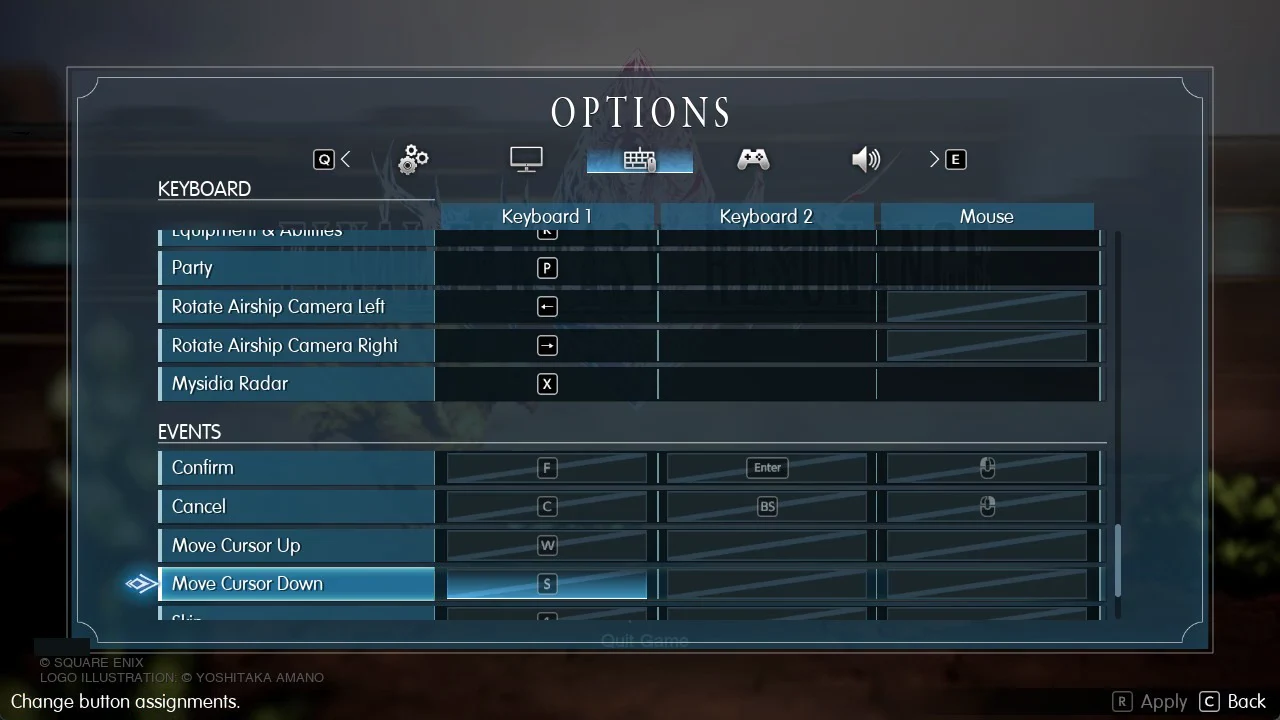Keyboard tab in Options with Move Cursor Down highlighted on the S key