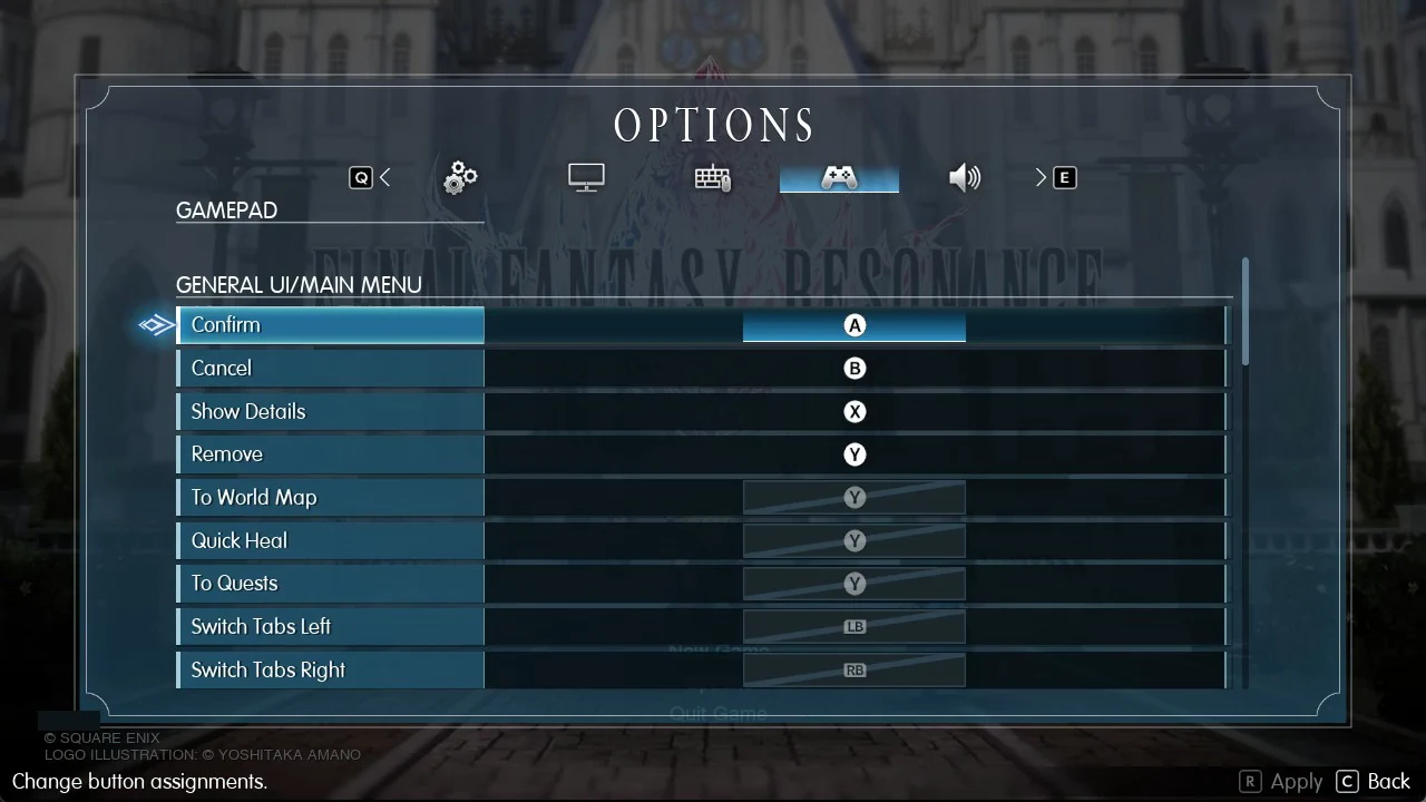 Gamepad tab in Options with the General UI/Main Menu Confirm row assigned to A