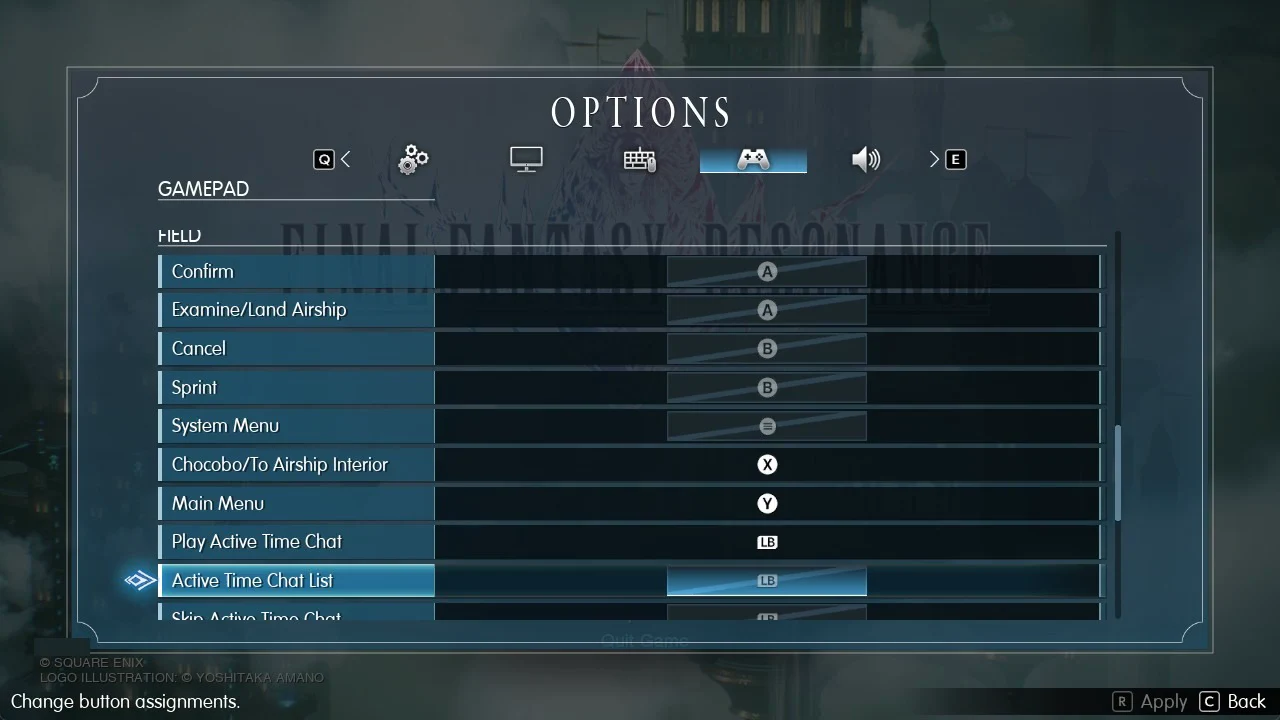 Gamepad tab with the Active Time Chat List row selected and set to LB